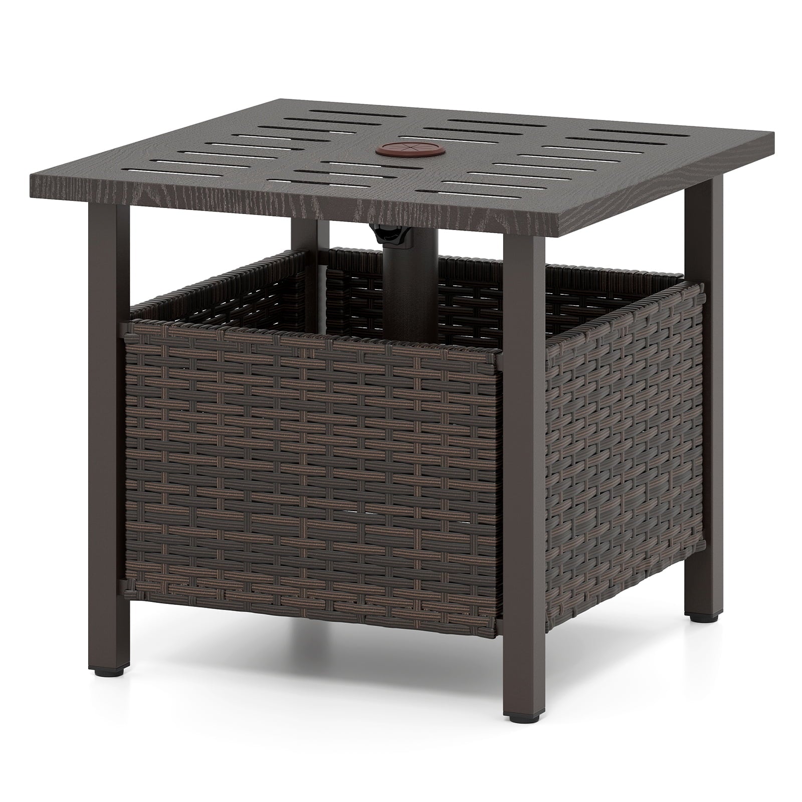 Biotree All-Weather PE Wicker Side Table with Umbrella Hole-Brown