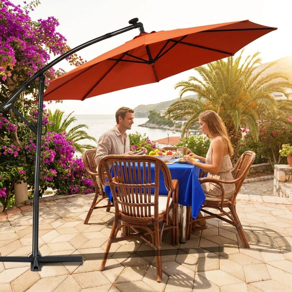 Biotree 10 ft Solar LED Cantilever Patio Umbrella Offset Hanging with Cross Base, 8 Ribs - Orange for Backyard