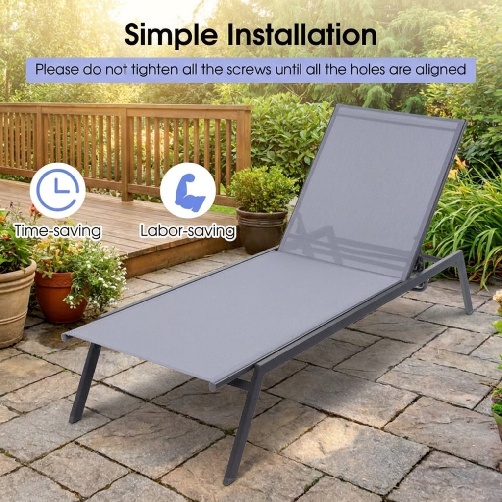 Biotree Outdoor Adjustable Chaise Lounge Chair with Lay Flat Position and Quick-Drying Fabric Stackable Patio Chair for Garden BackyardGrey