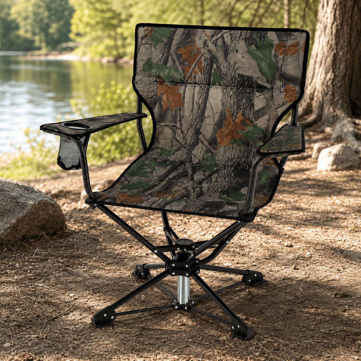 Biotree 360 Degree Swivel Hunting Chair, Portable Folding Camping Chair with Cup Holder, Storage Pockets and Carry Bag, 300 Lbs Capacity, Green
