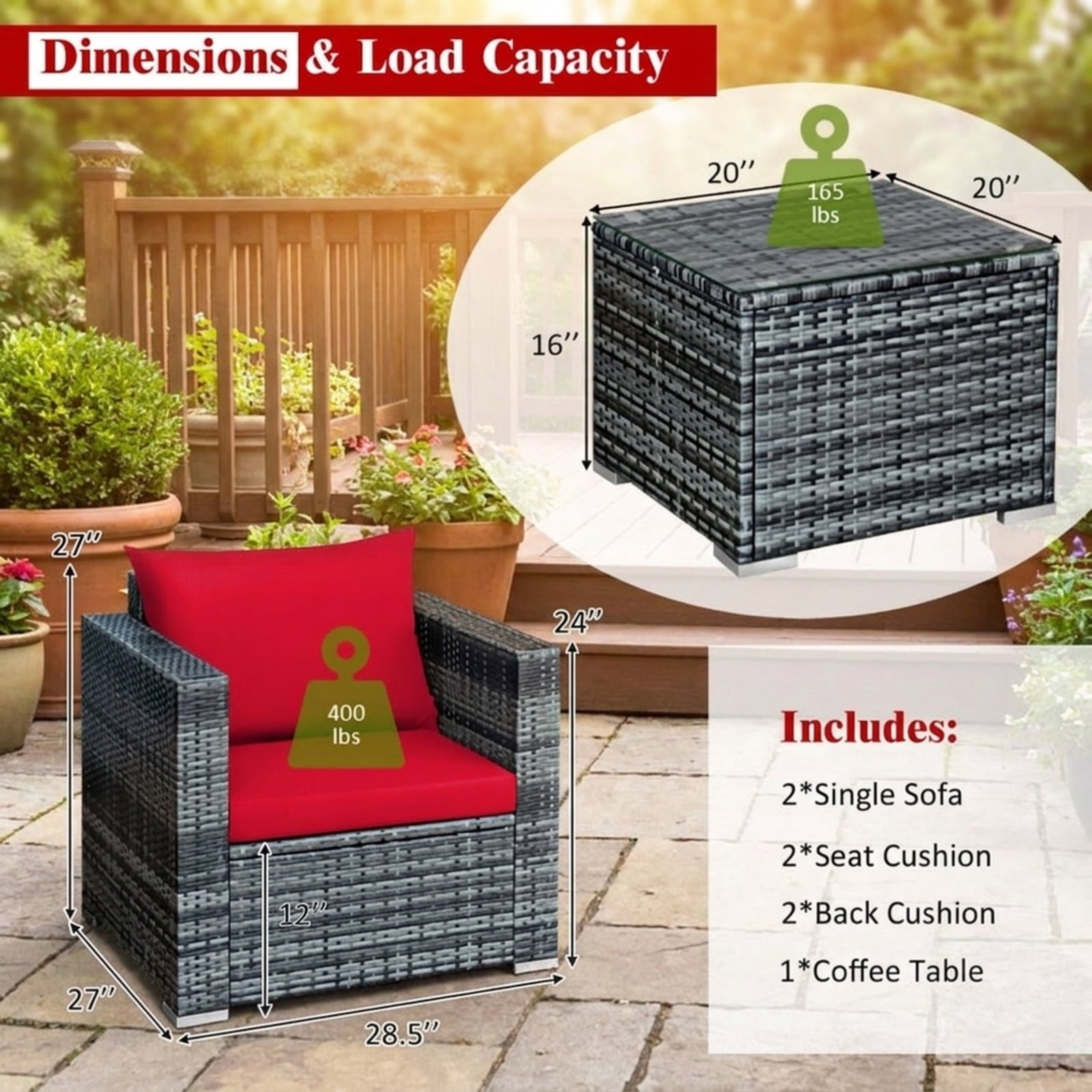 Biotree 3 Pcs Patio Rattan Furniture Bistro Sofa Set with Cushioned Outdoor Conversation Set for Garden Backyard PorchRed
