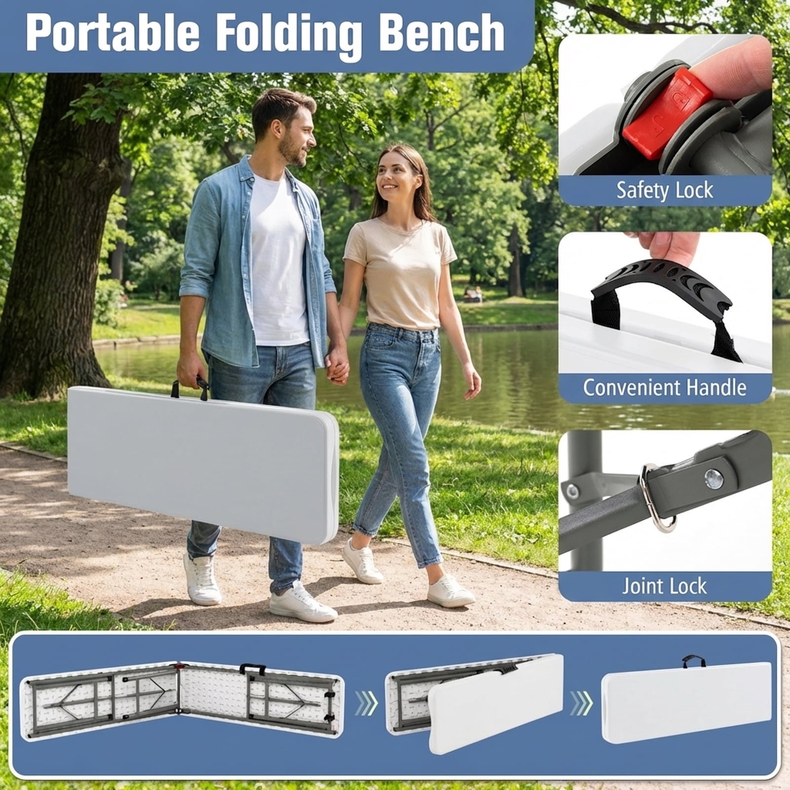 Biotree 6 Feet Plastic Folding Bench Portable Seat with Handle and Lock, White