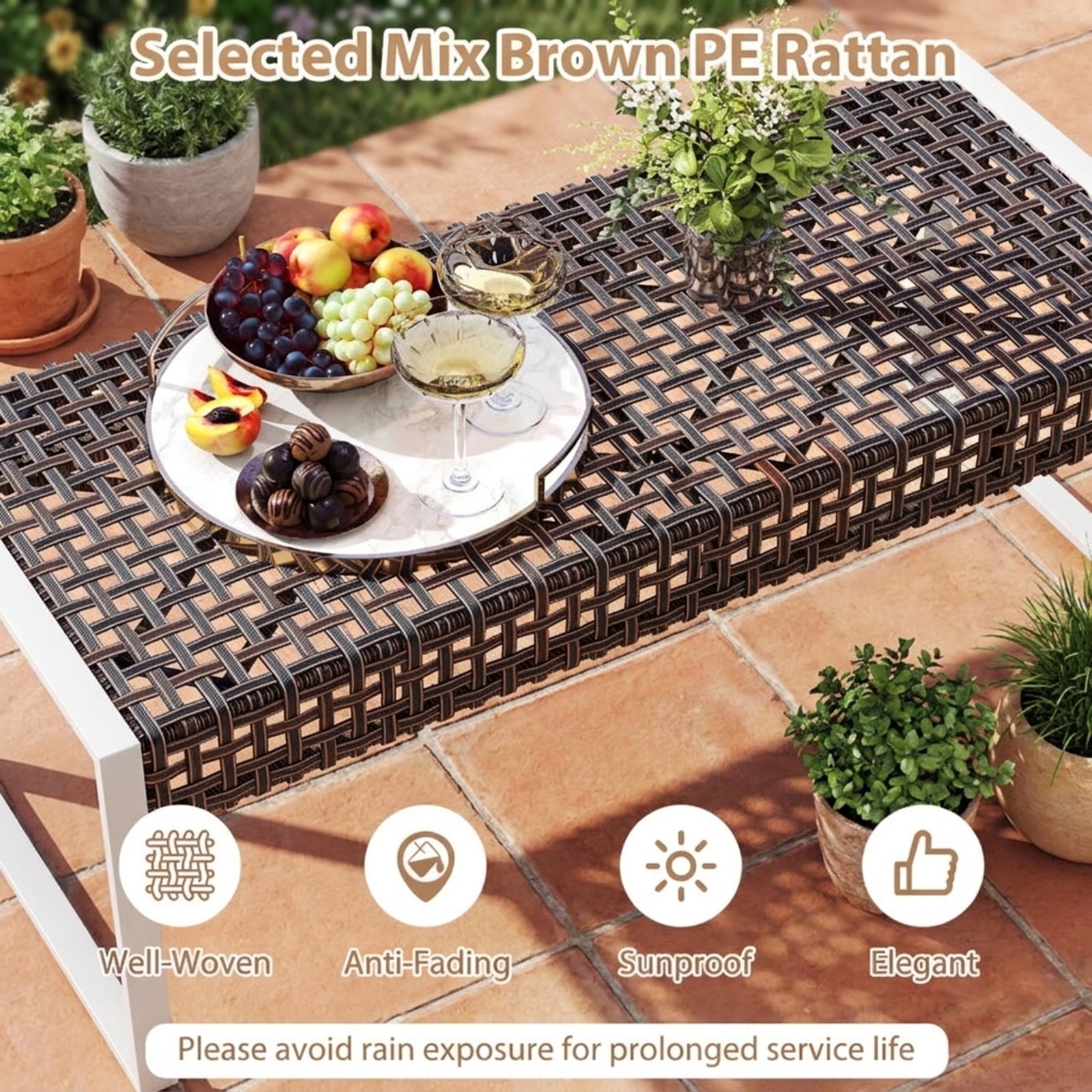 Biotree 43 Inch Patio Rectangle Ottoman with Metal Legs and Seat Cushion Stackable Patio Chair for Garden BackyardBeige