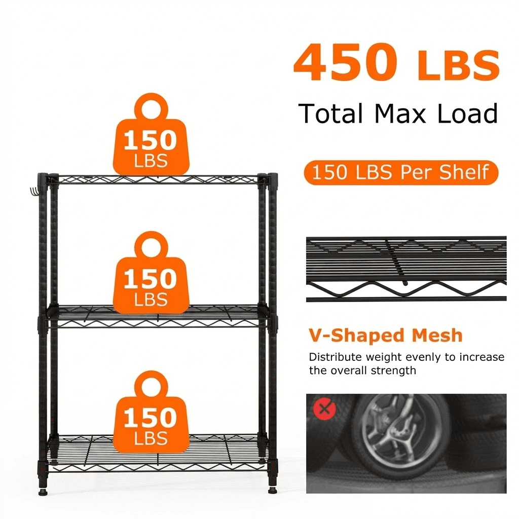Biotree 3-Tier Metal Storage Shelving Unit with V-Shaped Wire Rack, 450 LBS Capacity Garage Storage Shelves Utility Rack for Kitchen Pantry Basement Office, Black