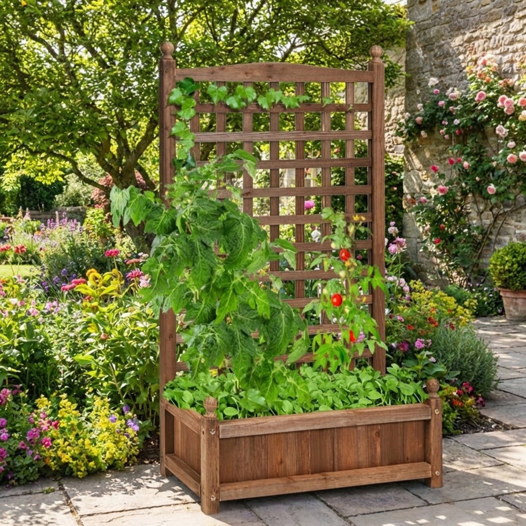 Biotree Solid Free Standing Wood Planter Box with Trellis for Garden Dark brown - Outdoor Backyard Patio Garden Planting