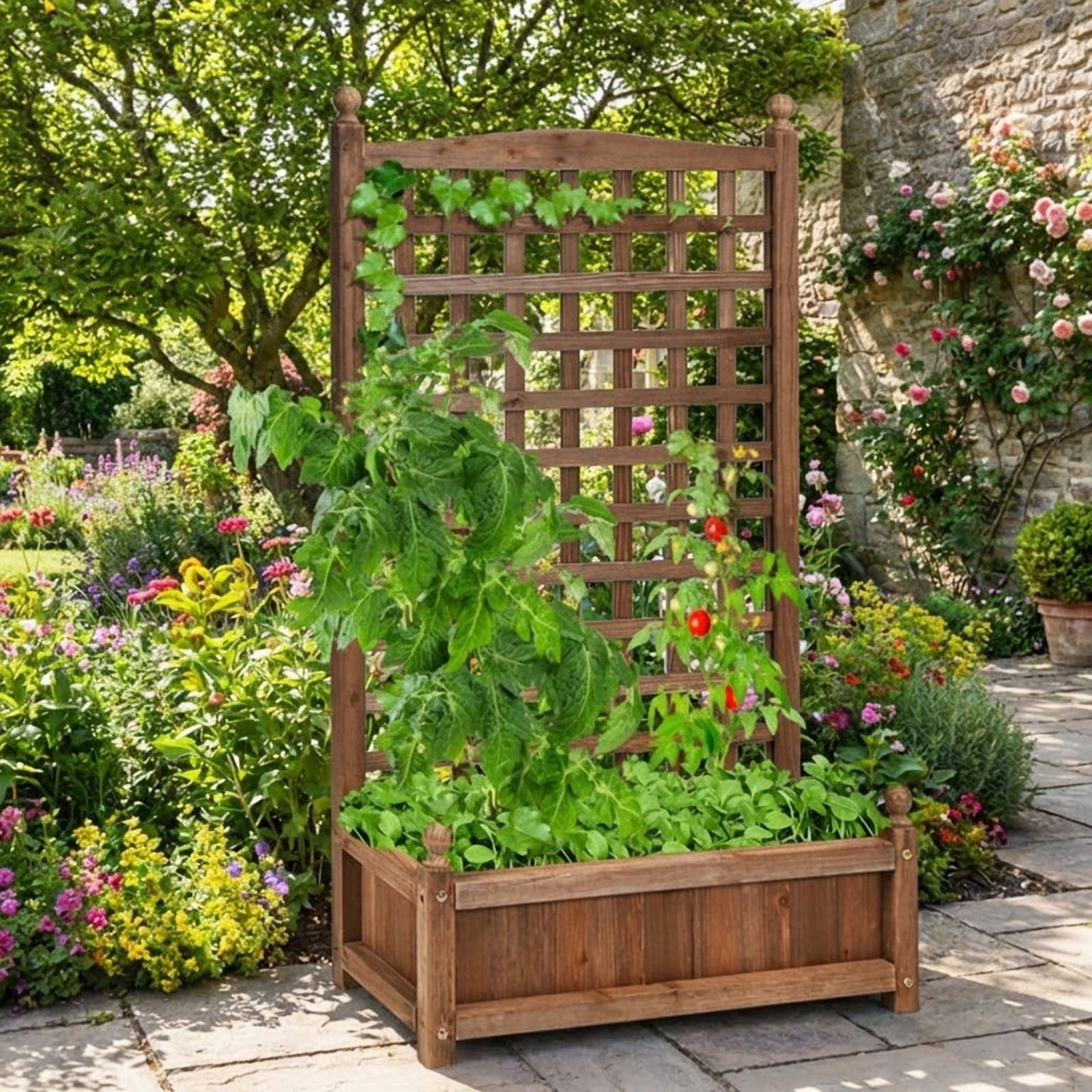 Biotree Solid Free Standing Wood Planter Box with Trellis for Garden Dark brown - Outdoor Backyard Patio Garden Planting