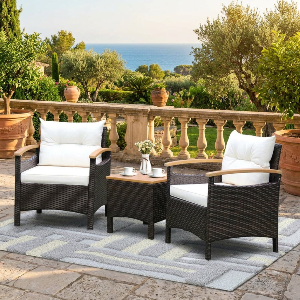 Biotree 3 Pieces Patio Rattan Furniture Set with Removable Cushion Outdoor Conversation Set for Garden Backyard PorchOff White