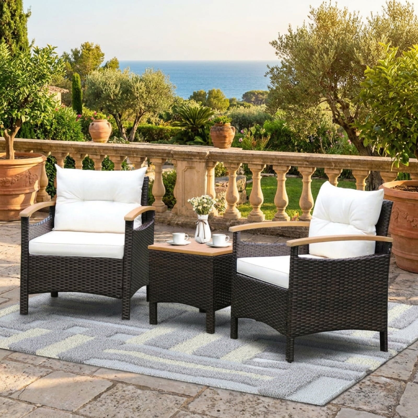 Biotree 3 Pieces Patio Rattan Furniture Set with Removable Cushion Outdoor Conversation Set for Garden Backyard PorchOff White