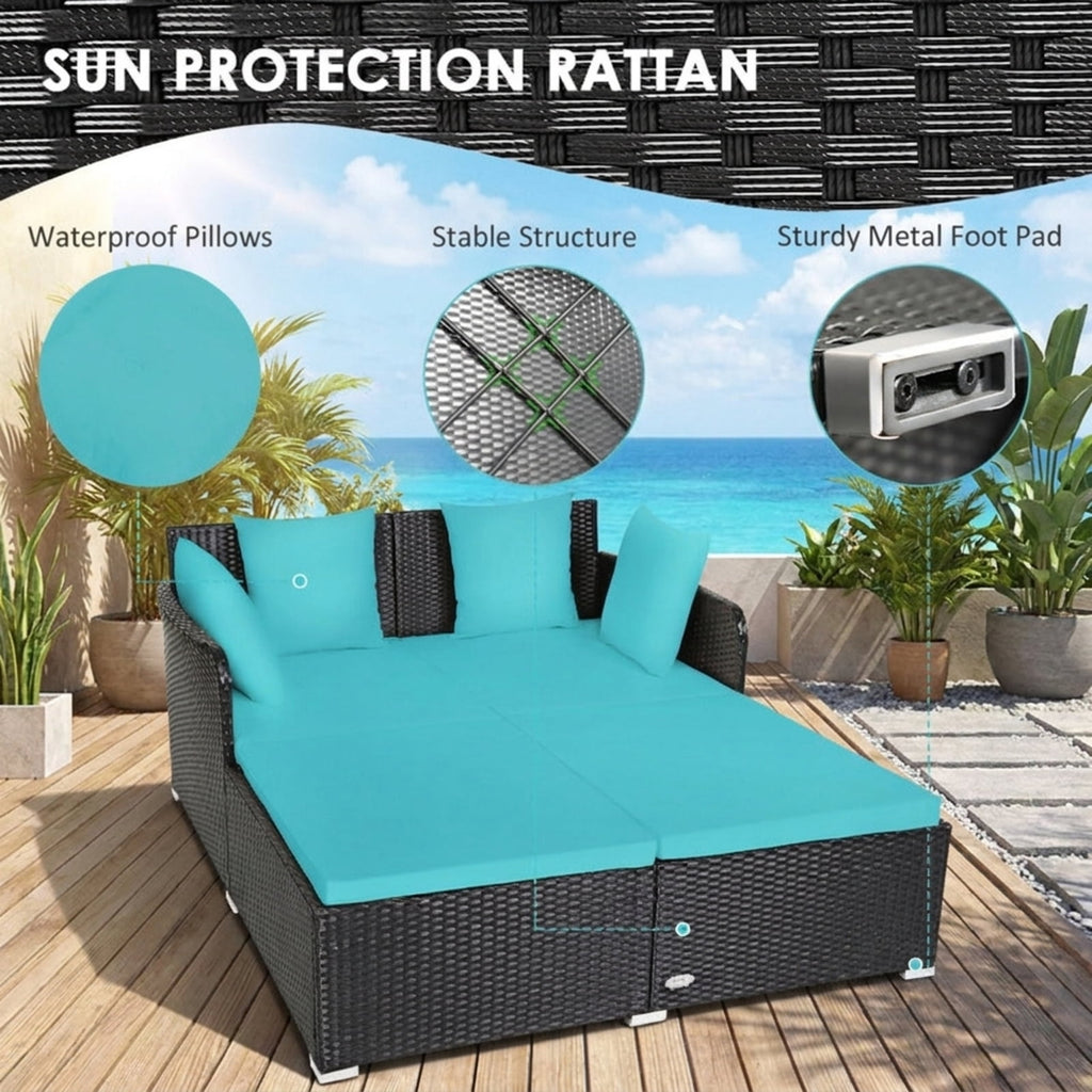Biotree Spacious Outdoor Rattan Daybed with Upholstered Cushions and Pillows Outdoor Conversation Set for Garden Backyard PorchTurquoise