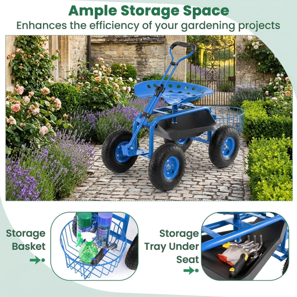 Biotree Rolling Garden Cart with 360¡ã Swivel Seat, Height Adjustable Garden Scooter, Heavy Duty Yard Cart with Tool Tray and Storage Basket for Gardening Weeding Yard Work Blue