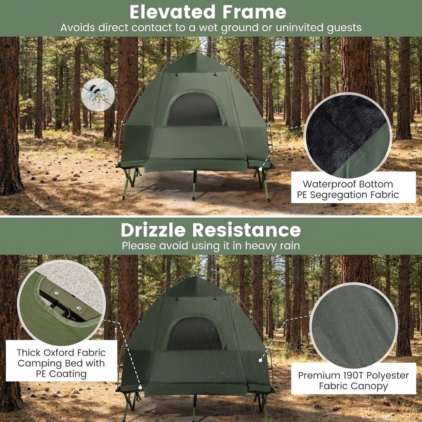 Biotree 2-Person Foldable Off-Ground Camping Cot Tent with Pop Up Shelter and Wheeled Carry Bag