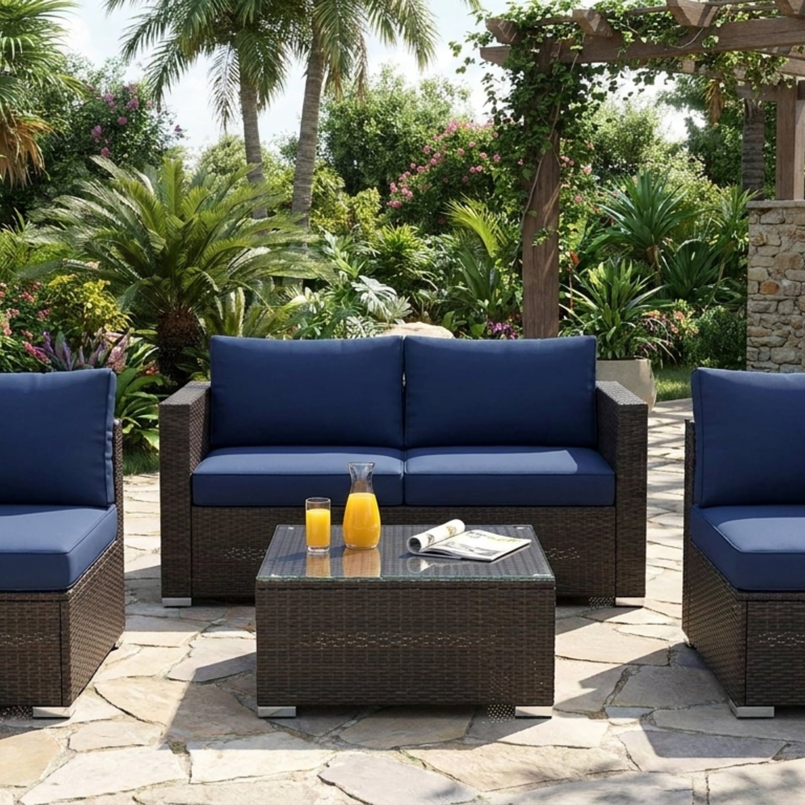 Biotree 5 Pieces Cushioned Patio Rattan Furniture Set with Glass Table Outdoor Conversation Set for Garden Backyard PorchNavy