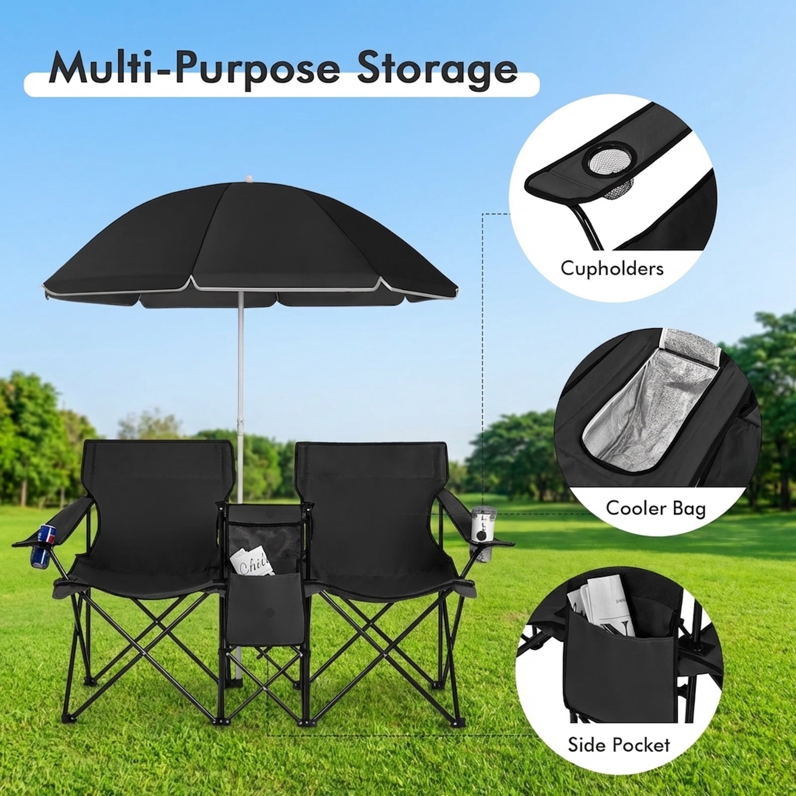 Biotree Double Camping Chair with Removable Umbrella Portable Folding Loveseat with Cooler Bag and Cup Holders for Beach Picnic, Black