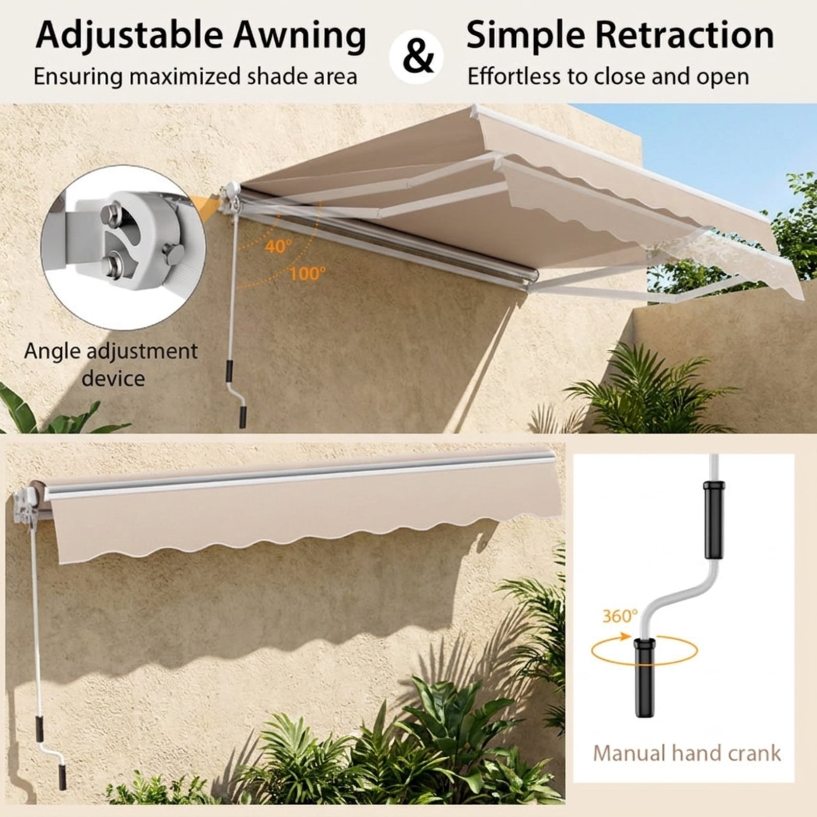 Biotree 12 x 10 Feet Patio Retractable Awning Aluminum Sunshade Shelter for Patio Deck Door Window Sun Rain Protection, Beige