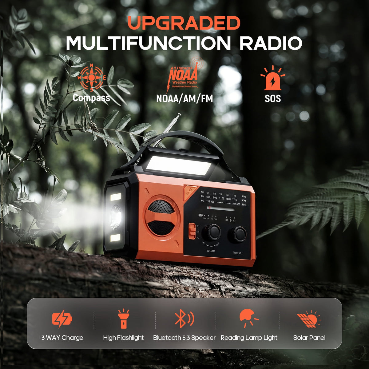 Biotree 30000mAh Weather Radio with NOAA 7-Band Alerts, Upgraded Emergency Radio with USB/Solar/Hand Crank Charging, Flashlight, SOS Alarm, Compass for Camping Hurricane Preparedness,Orange