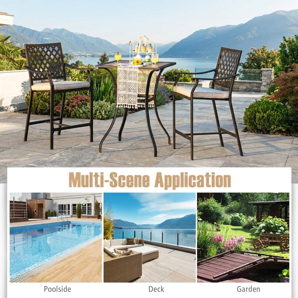 Biotree Set of 2 Patio Bar Stools with Cushioned Seat and Armrests, Black - Outdoor Patio Bar Height Chair with Footrest