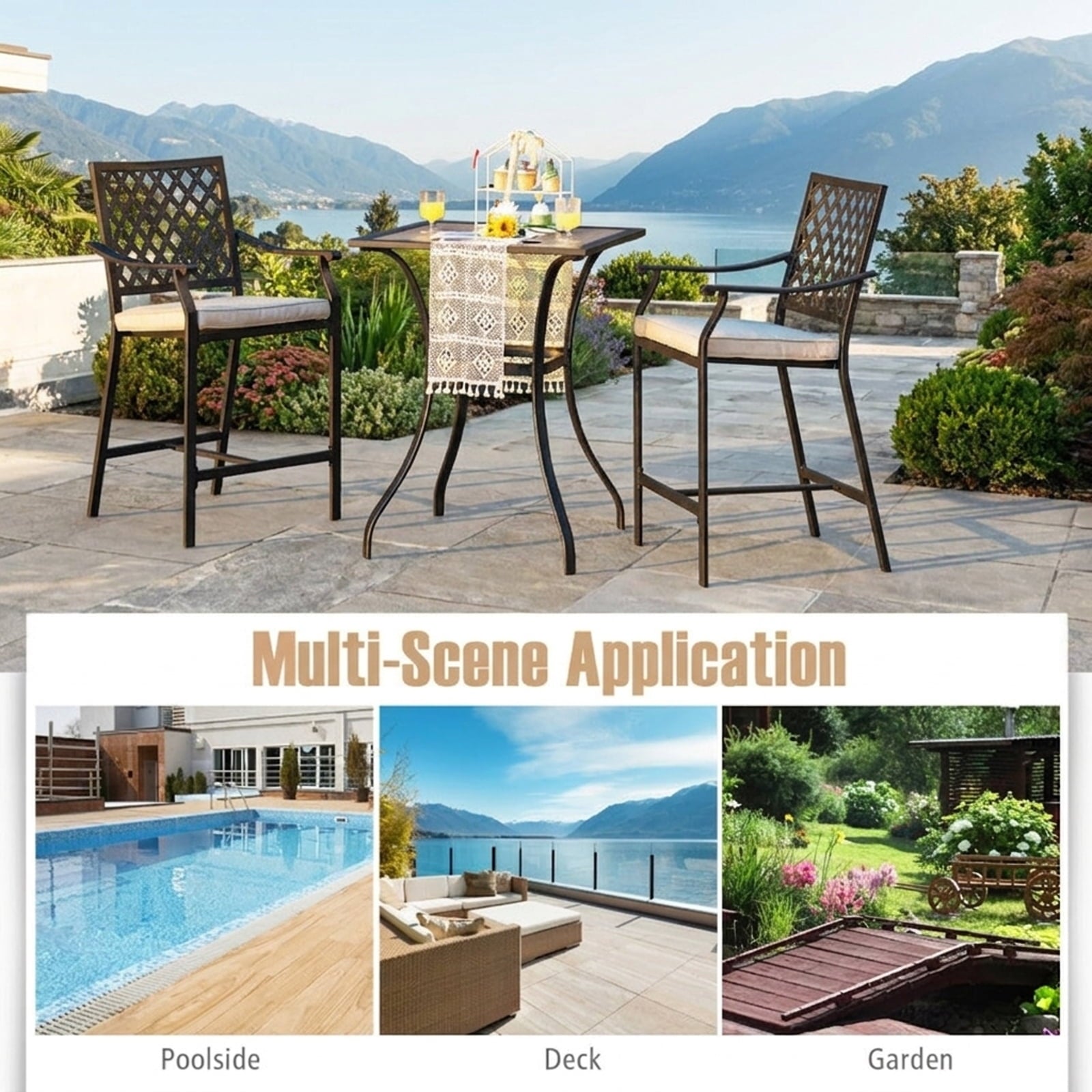 Biotree Set of 2 Patio Bar Stools with Cushioned Seat and Armrests, Black - Outdoor Patio Bar Height Chair with Footrest