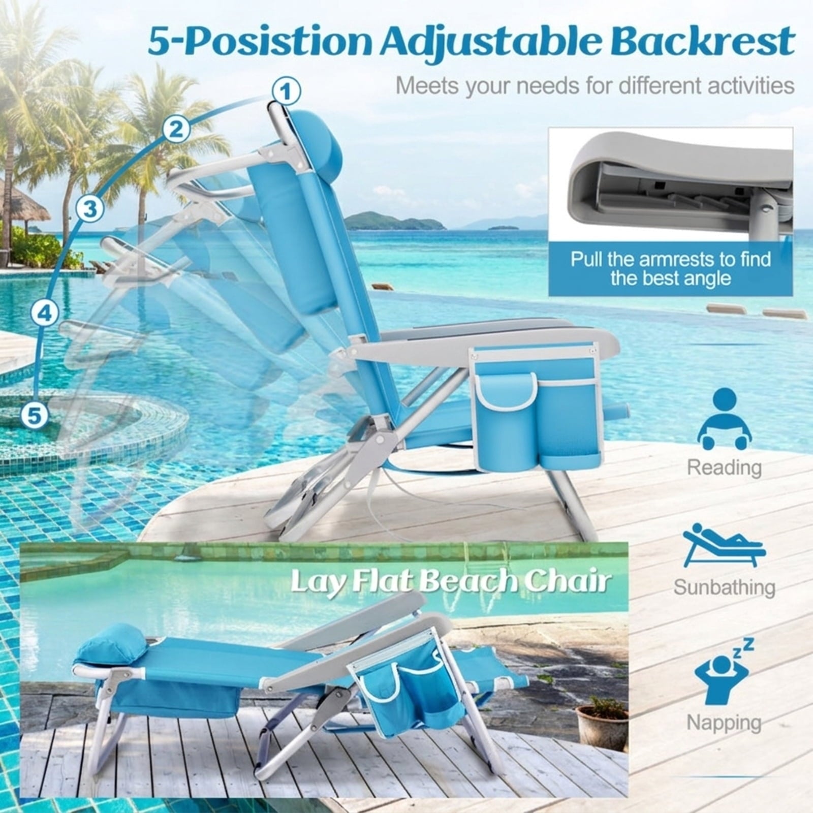 Biotree 1 Piece Foldable Backpack Beach Chair with Cup Holder and Storage Pockets for Outdoor Stackable Patio Chair for Garden BackyardBlue