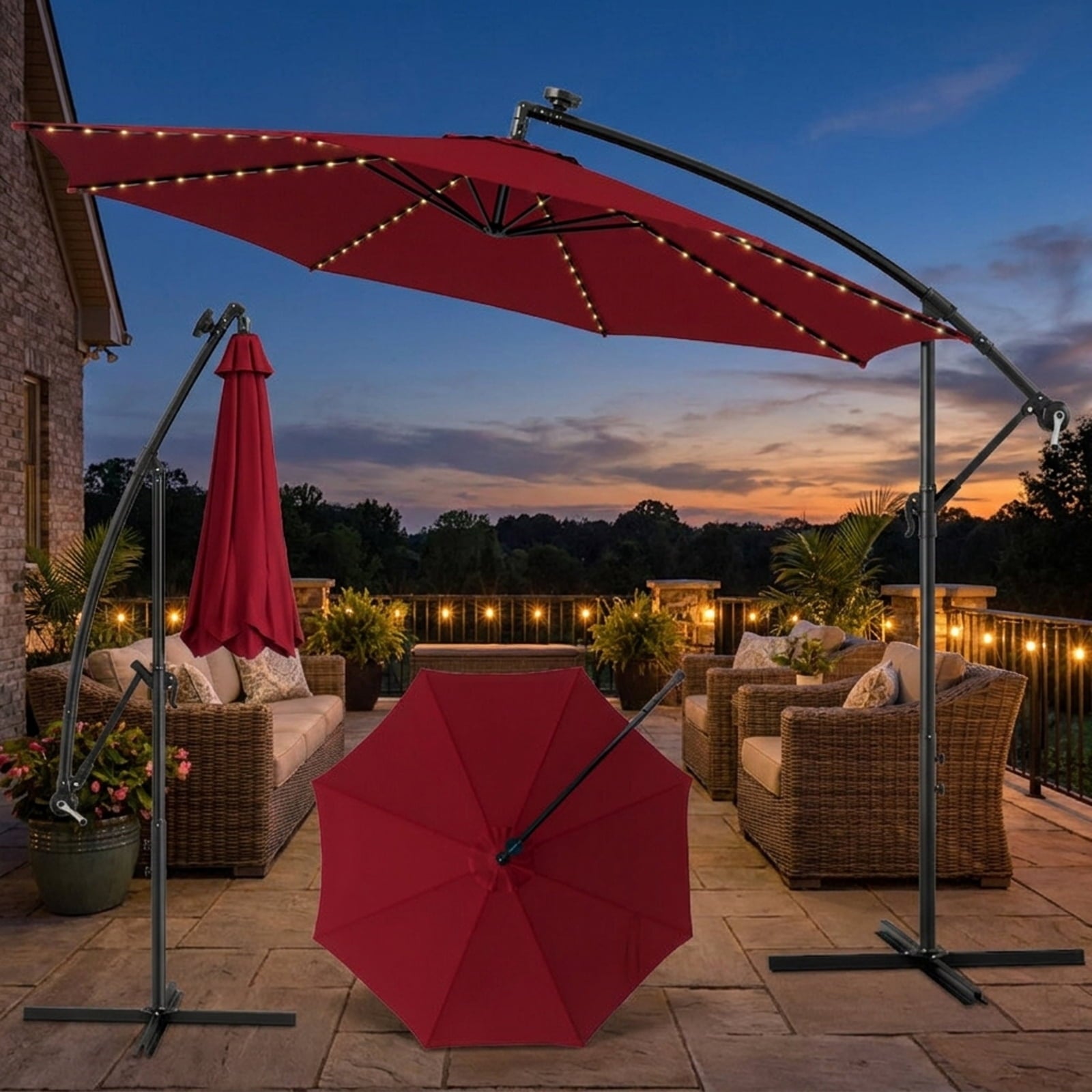 Biotree 10 ft Cantilever Offset Patio Umbrella Solar LED Lights Outdoor Shade - Red - UV Protection with Cross Base