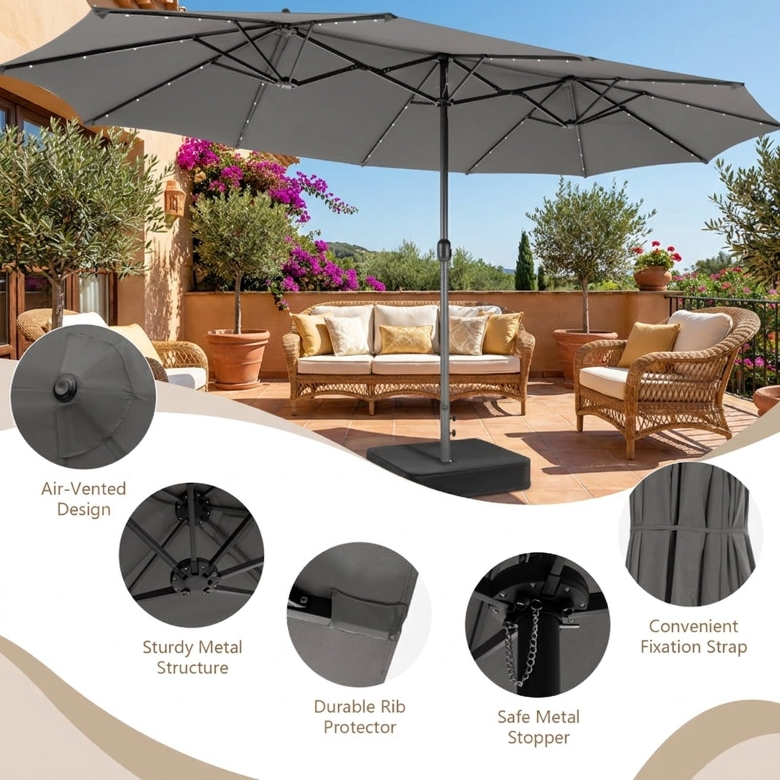 Biotree 15 ft Double-Sided Twin Patio Umbrella 48 LED Lights Outdoor Shade - Gray - UV Protection with Cross Base