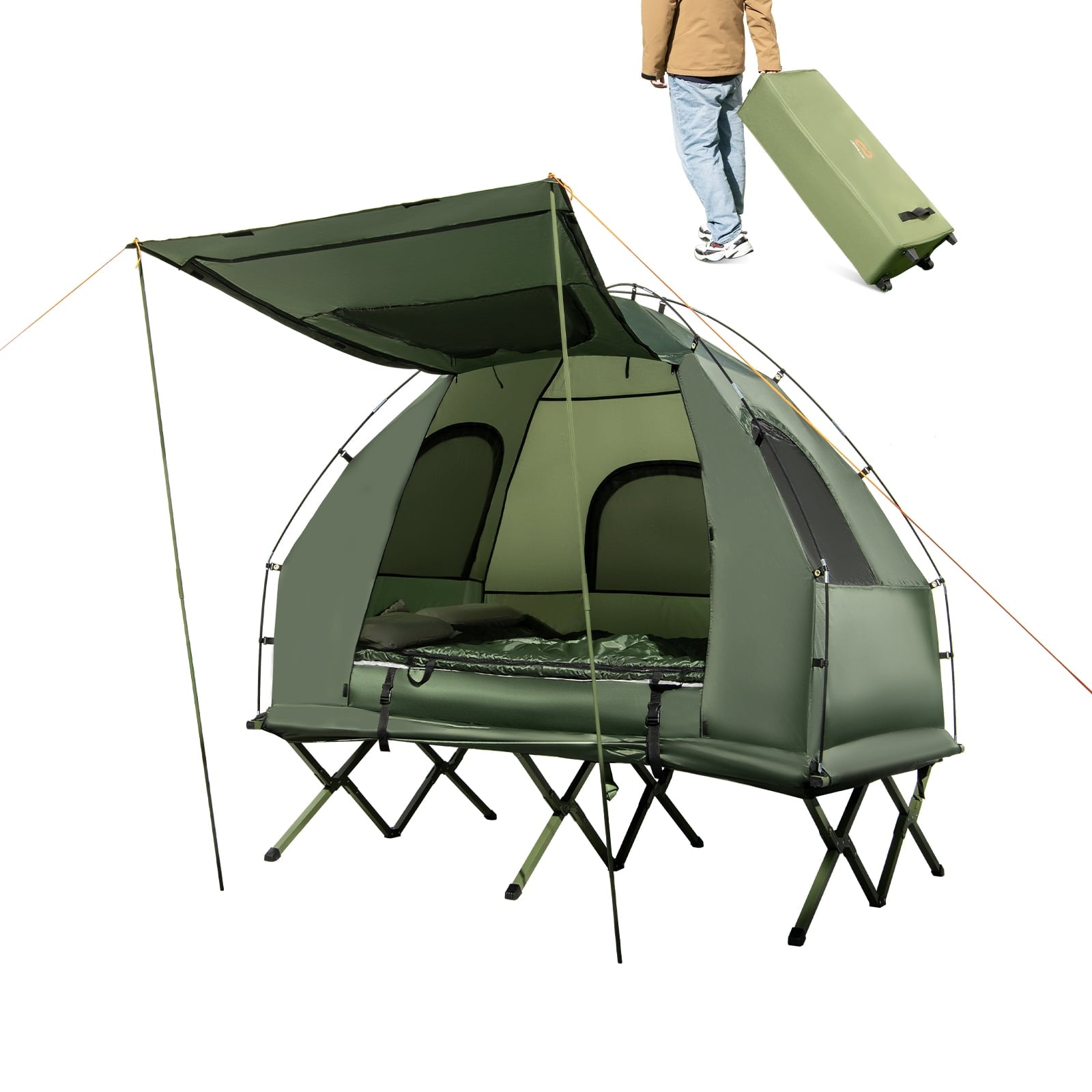 Biotree 2-Person Foldable Off-Ground Camping Cot Tent with Pop Up Shelter and Wheeled Carry Bag