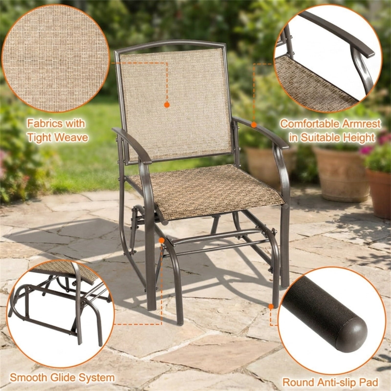 Biotree 2 Pieces Patio Swing Single Glider Chair Rocking Seating Stackable Patio Chair for Garden BackyardBrown