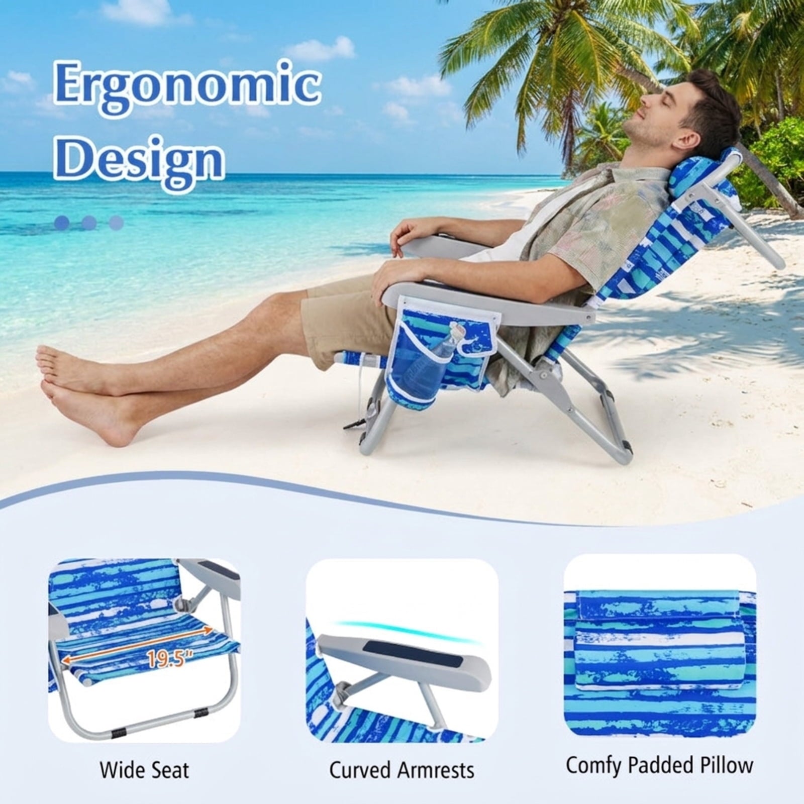 Biotree Foldable Backpack Beach Chair with Cup Holder and Storage Pockets Set of 2 Stackable Patio Chair for Garden BackyardNavy
