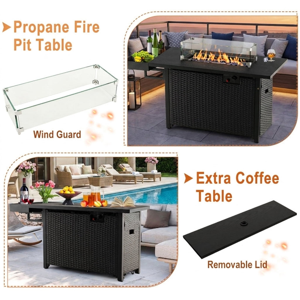 Biotree 52 Inches Outdoor Wicker Gas Fire Pit Propane Fire Table with Cover for Outdoor Patio Backyard Garden Camping, Black