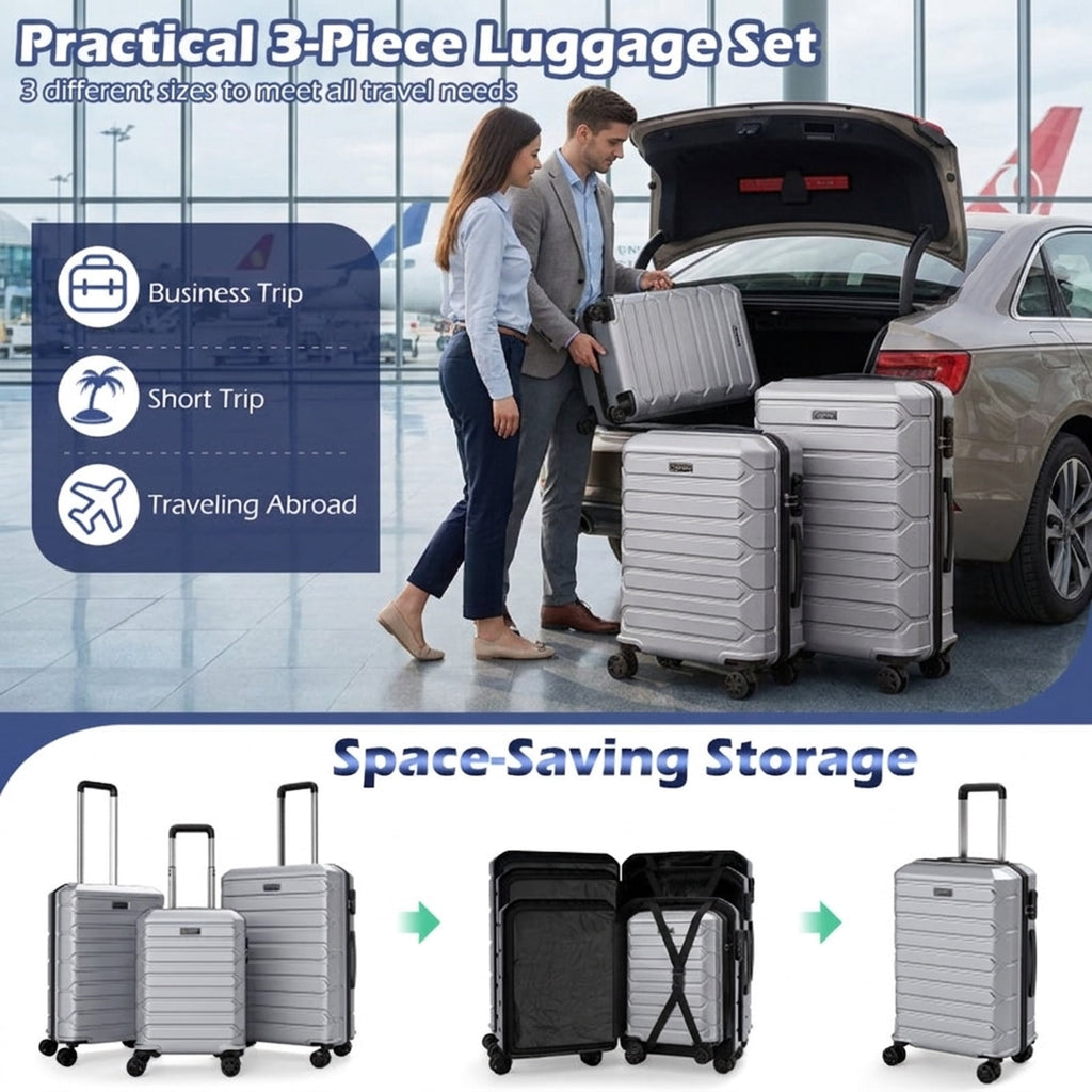 Biotree 3 Piece Hardside Luggage Set Lightweight Hardside Suitcases with 8 Spinner Wheels, Gray