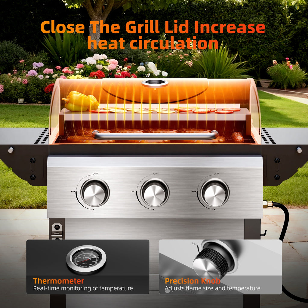 Biotree 3 Burner BBQ Propane Gas Grill, Stainless Steel 26,000 BTU Patio Garden Barbecue Grill with Two Foldable Shelves