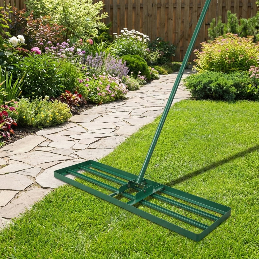 Biotree 36 x 10 Inch Lawn Leveling Rake with Ergonomic Handle for Lawn Garden Yard Soil Care, Green