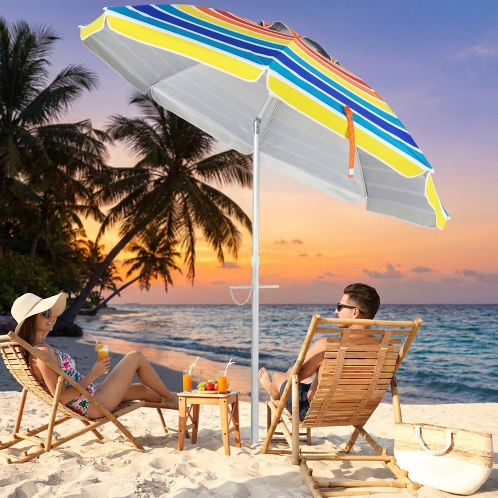 Biotree 6.5 ft Portable Beach Umbrella with Carrying Bag, 6 Ribs, Sand Tilt Mechanism - Multicolor for Backyard