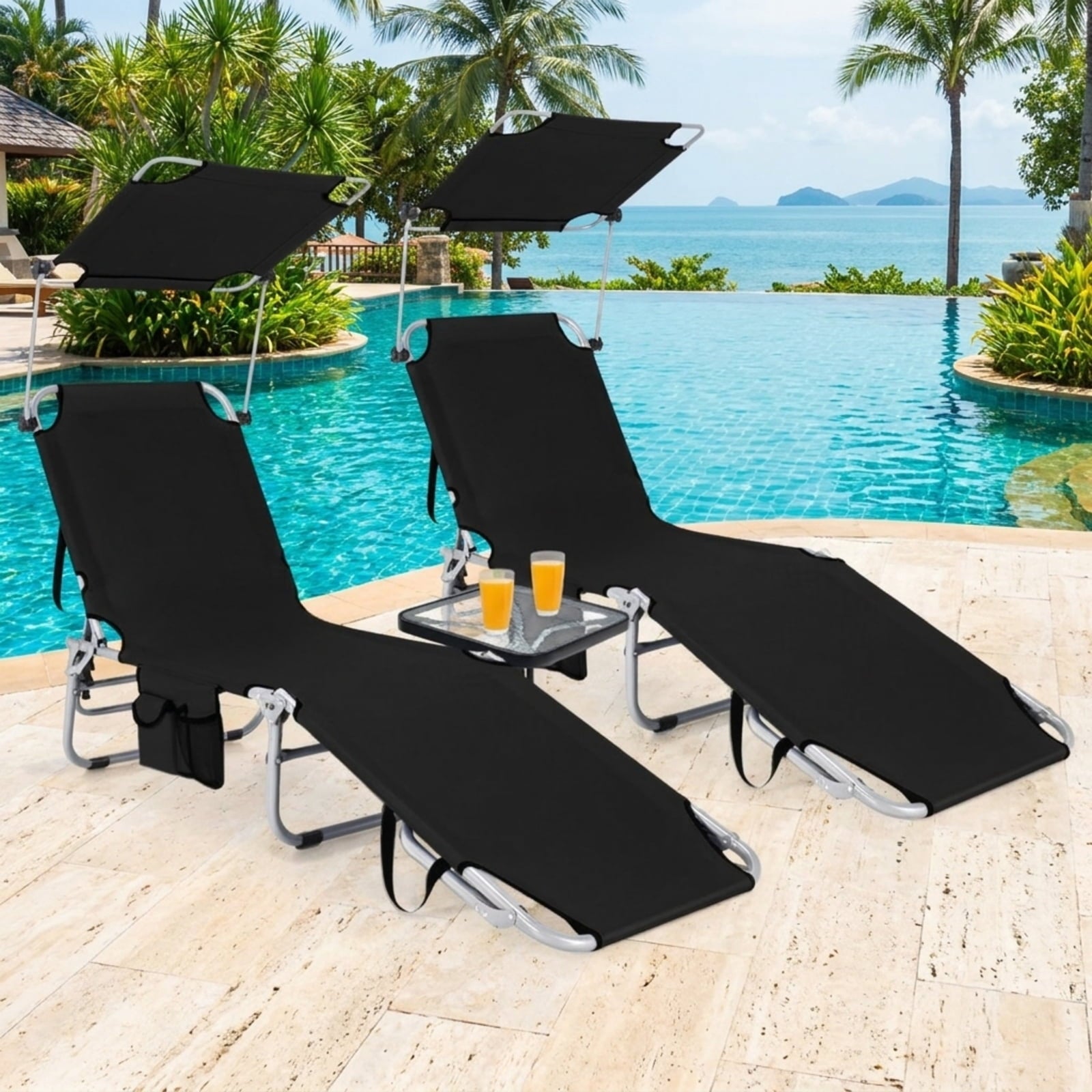 Biotree Set of 2 Portable Reclining Chair with 5 Adjustable Positions Stackable Patio Chair for Garden BackyardBlack
