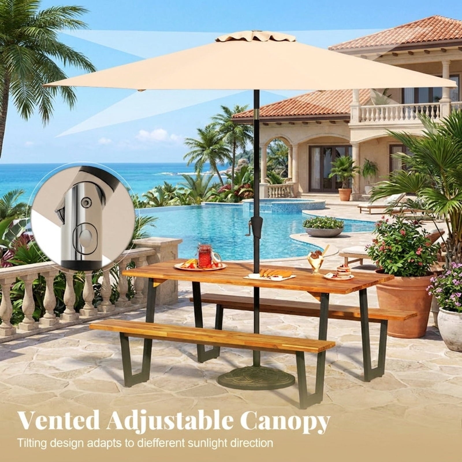 Biotree Outdoor Dining Table Set for 6 with 10 Feet Umbrella and Base, Black