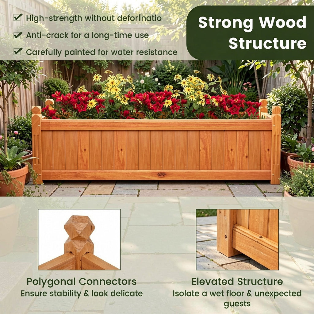 Biotree Wooden Rectangular Garden Bed with Drainage System-Natural Outdoor Vegetables Herbs Flowers Planting