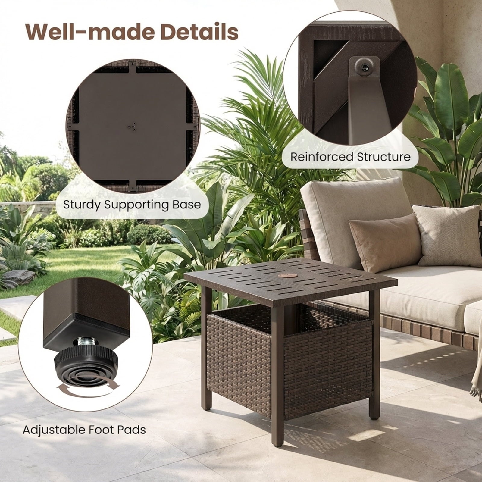 Biotree All-Weather PE Wicker Side Table with Umbrella Hole-Brown