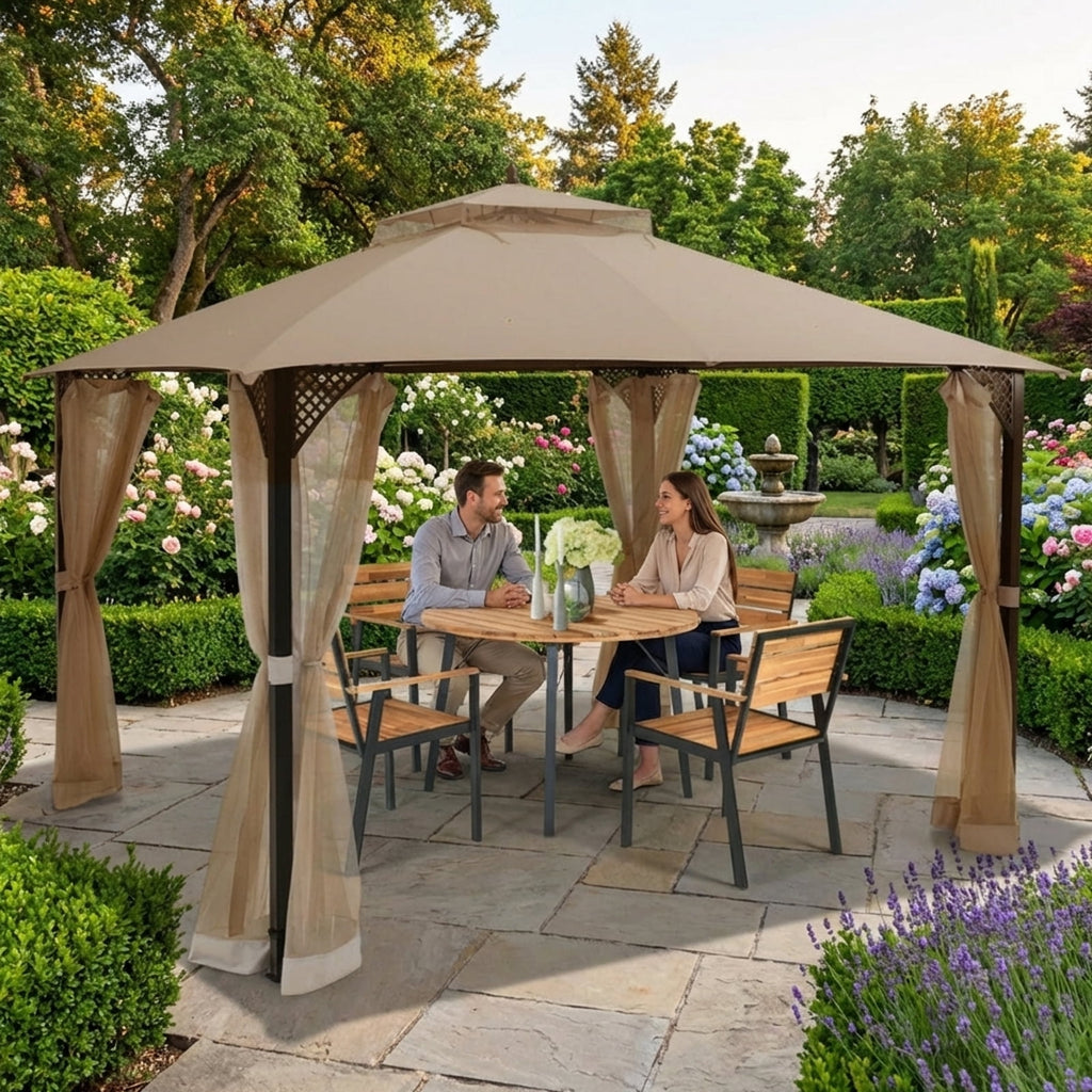 Biotree 12 x 10 Feet Outdoor Double Top Patio Gazebo with Netting Brown - Outdoor Patio Backyard Garden Shade Canopy Shelter