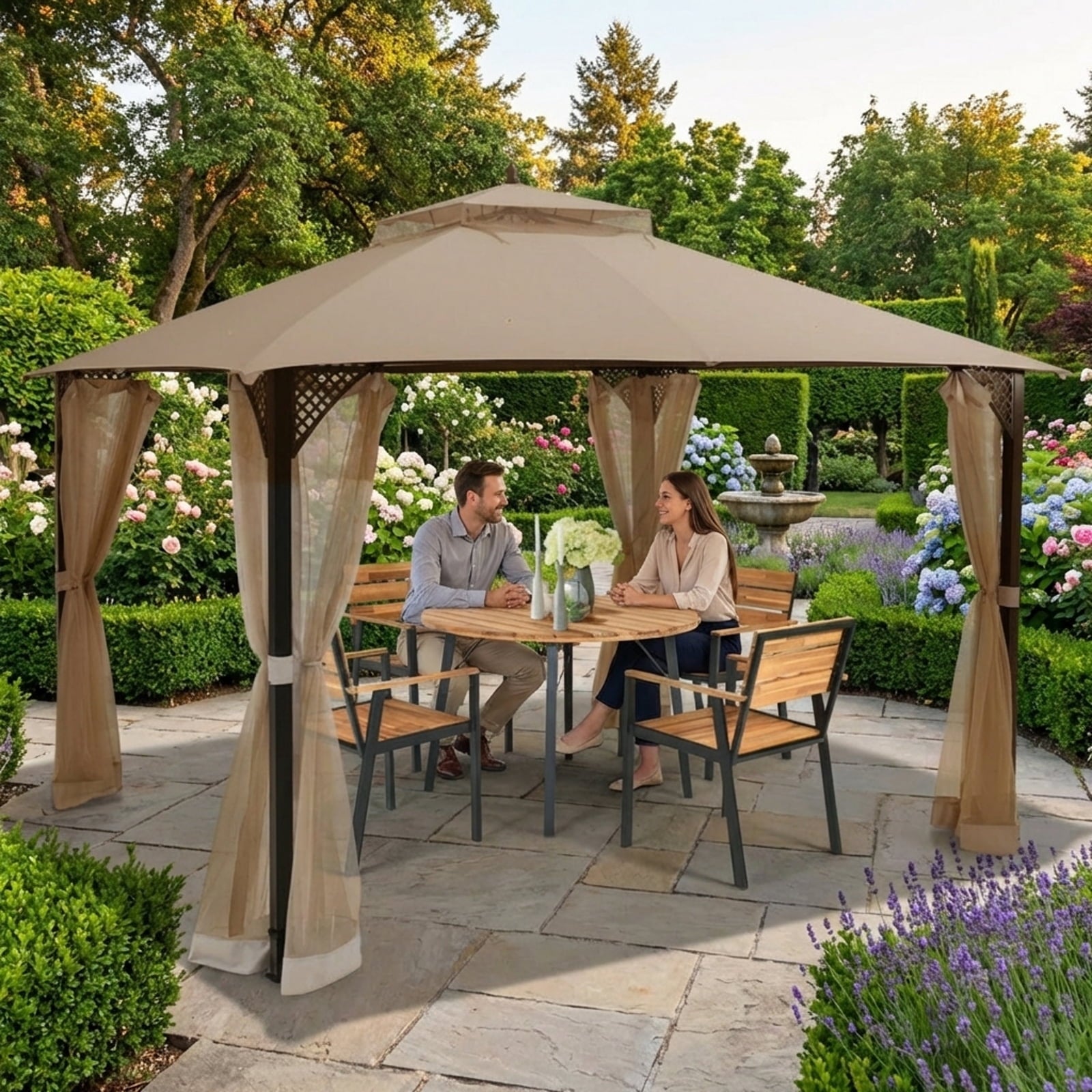 Biotree 12 x 10 Feet Outdoor Double Top Patio Gazebo with Netting Brown - Outdoor Patio Backyard Garden Shade Canopy Shelter