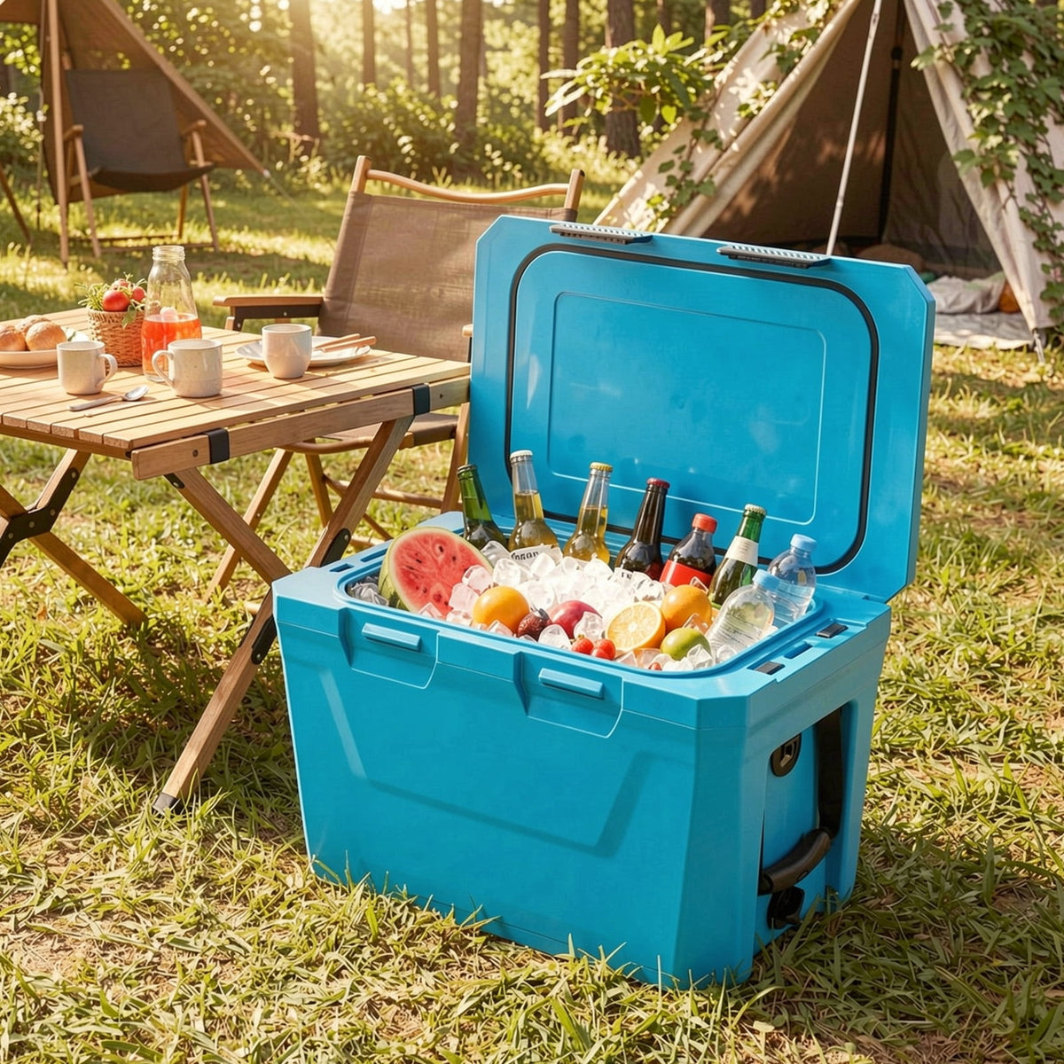 Biotree Insulated Portable Cooler Hard Shell Ice Chest with 2 Cup Holders Bottle Opener and Drain Plug, 37 Qt, Blue