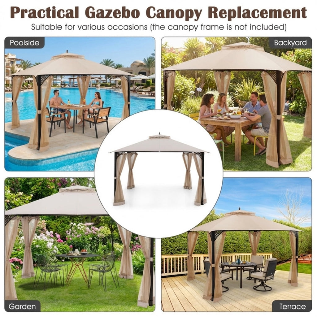 Biotree 10 x 12 Feet Gazebo Replacement Top with Air Vent and Drainage Holes Beige - Instant Setup Outdoor Shade Tent for Camping Parties