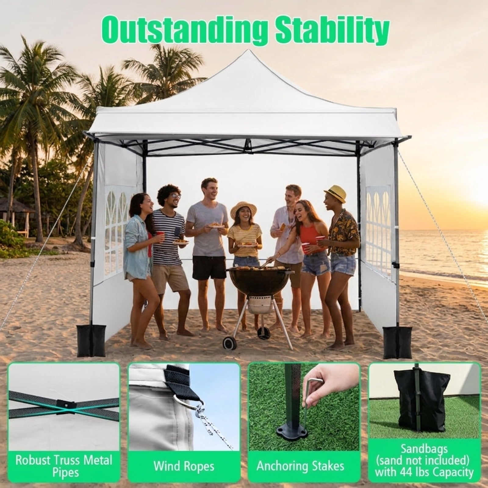 Biotree 10 x 10 FT Pop Up Canopy Tent with 3 Sidewalls, Awning & Wheeled Bag,Waterproof for Outdoor Party Supplier Camping Beach,White