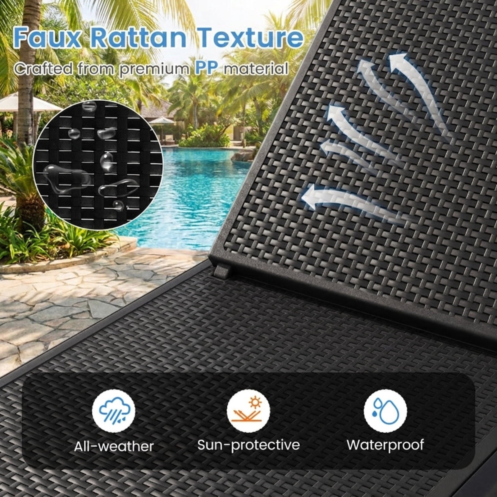 Biotree Outdoor Chaise Lounger Chair with Waterproof Rattan Textured PP Surface and 330 Lbs CapacityBlack