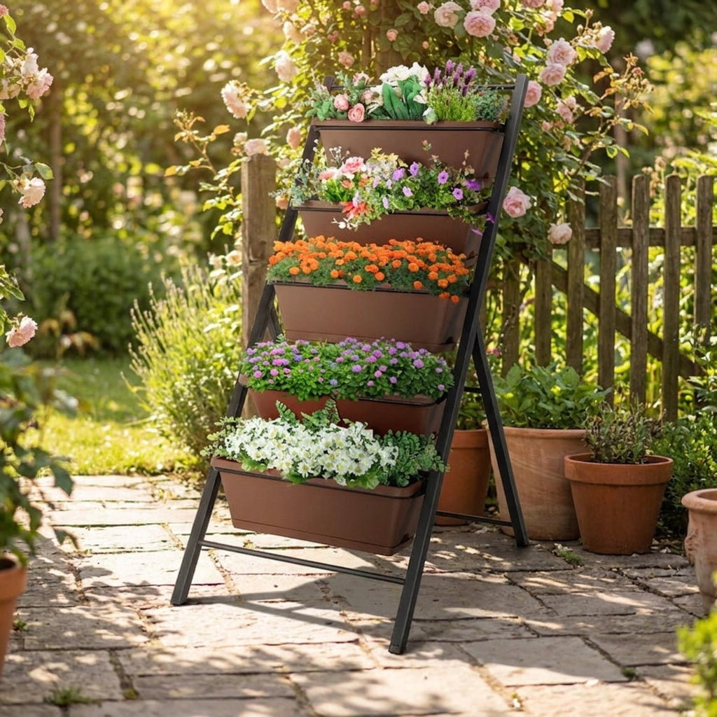 Biotree 5-Tier Vertical Raised Garden Planter Box with 5 PP Containers, Cascading Drainage & Steel Frame - Brown - 22.5x29x48.5 In