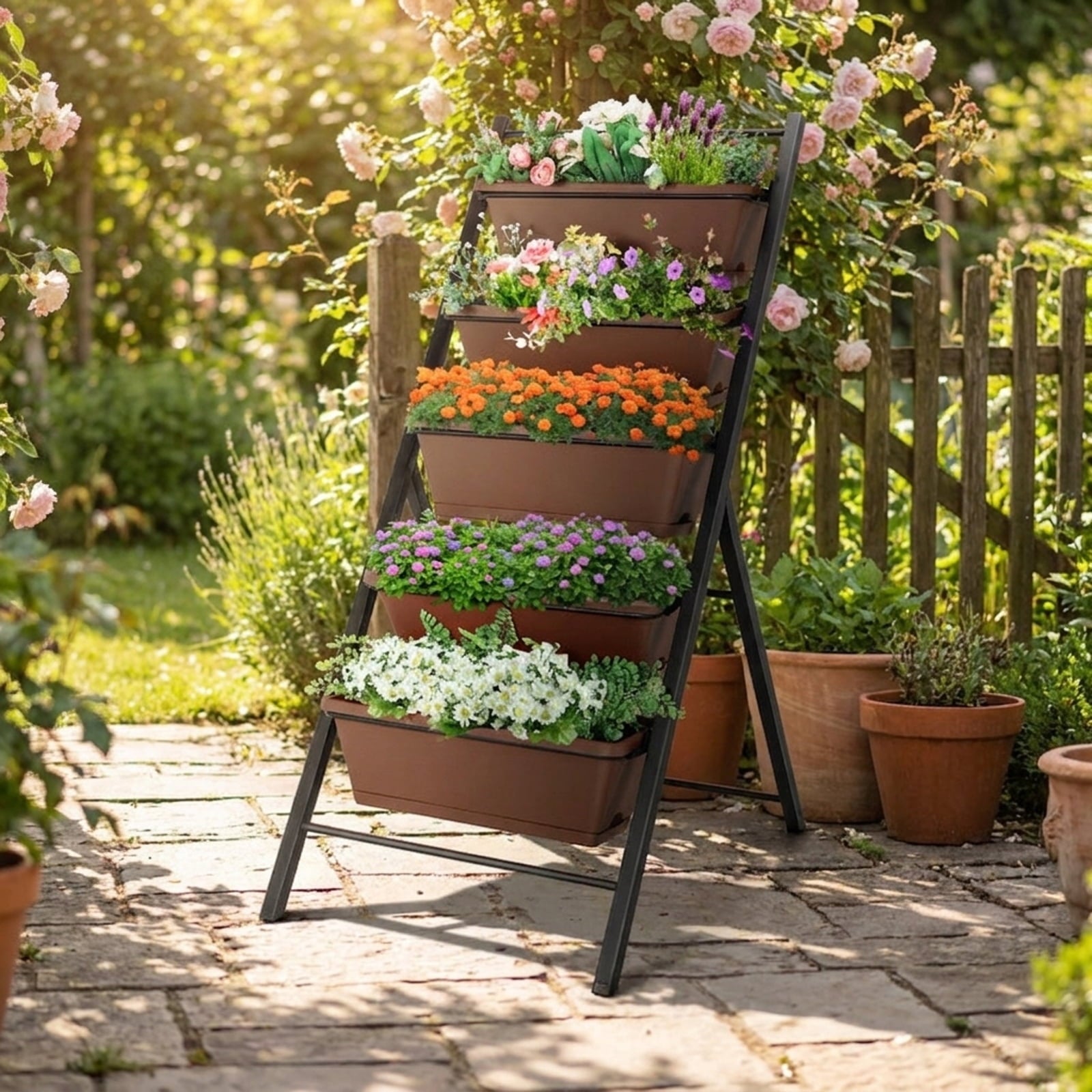 Biotree 5-Tier Vertical Raised Garden Planter Box with 5 PP Containers, Cascading Drainage & Steel Frame - Brown - 22.5x29x48.5 In