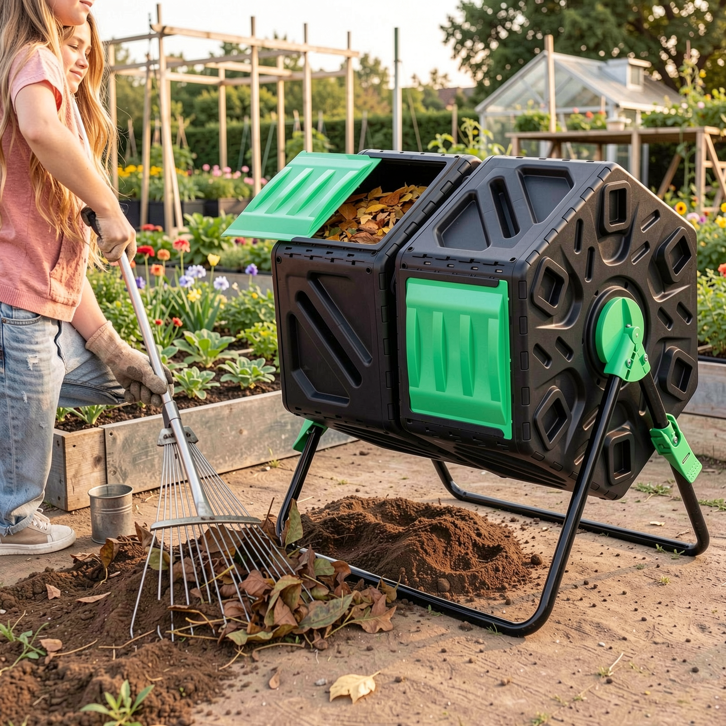 Biotree Dual Chamber Garden Compost Tumbler with Sliding Doors-Black and Green Outdoor Organic Yard Waste