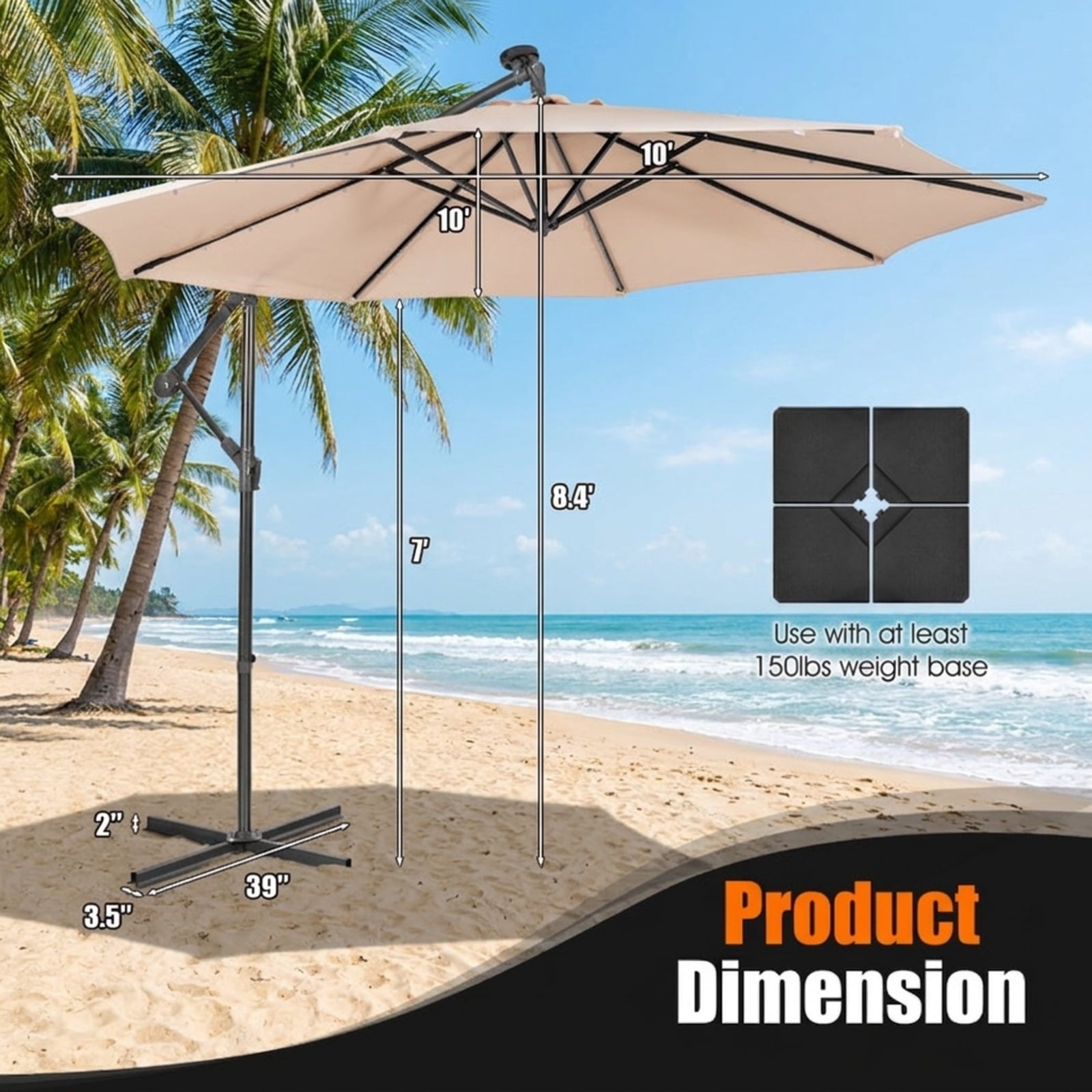 Biotree 10 FT Patio Umbrella, Patio Solar Powered Cantilever Umbrella with Tilting System for Patio Garden Backyard Pool, Beige