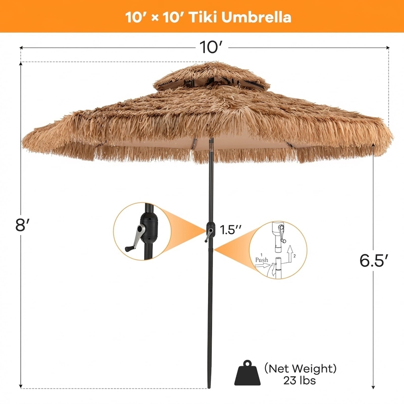Biotree 10 Feet Hawaiian Style Solar Lighted Thatched Tiki Patio Umbrella Outdoor Backyard Deck Garden