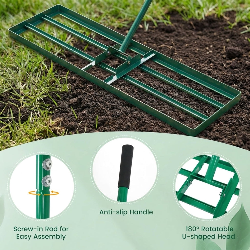 Biotree 36 x 10 Inch Lawn Leveling Rake with Ergonomic Handle for Lawn Garden Yard Soil Care, Green