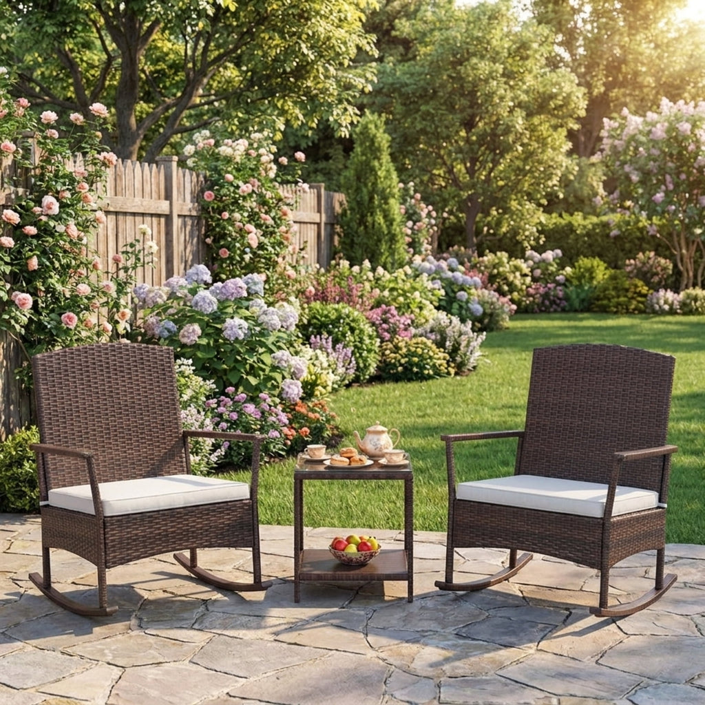 Biotree 3 Piece Patio Rocking Set Wicker Rocking Chairs with 2-Tier Coffee Table Outdoor Conversation Set for Garden Backyard PorchOff White