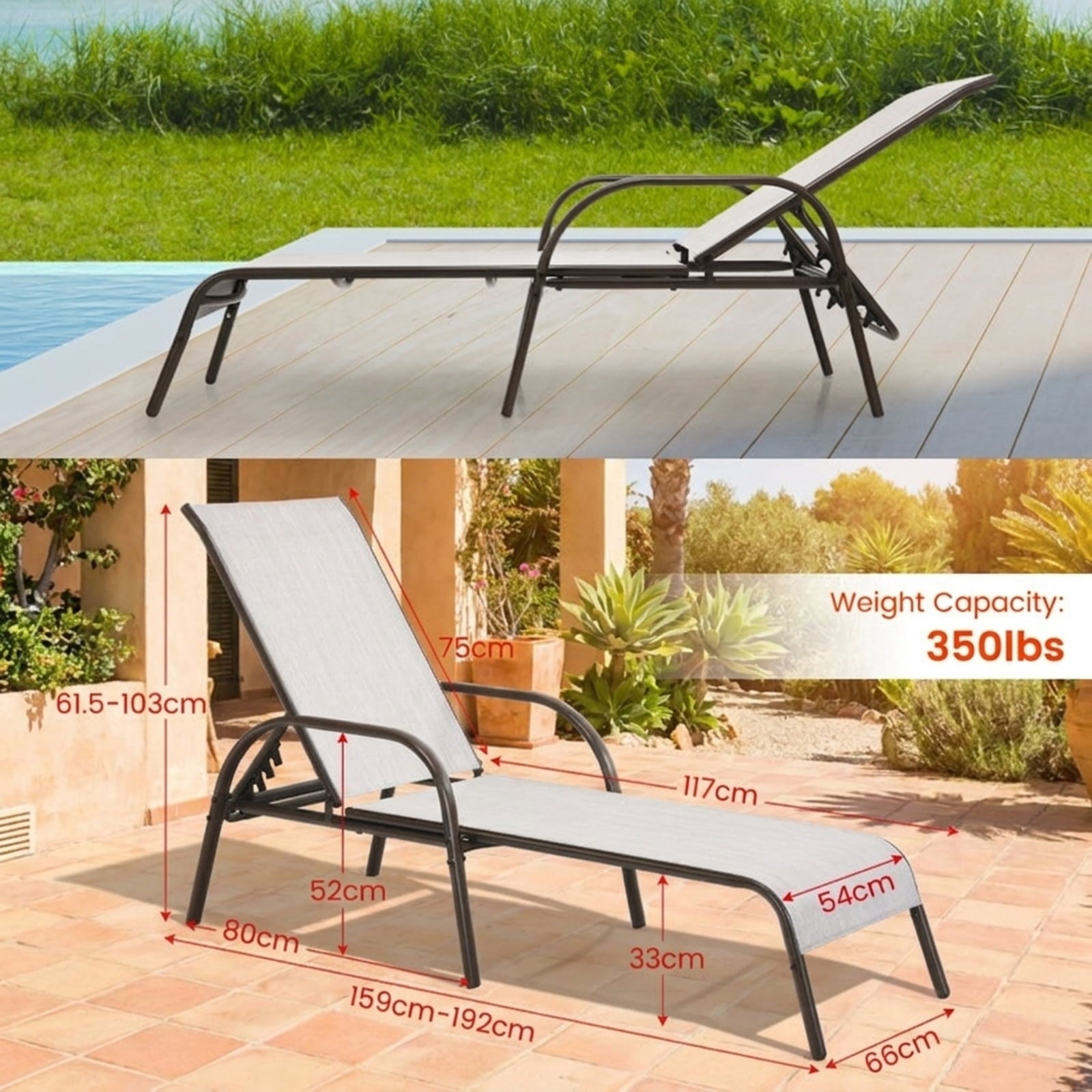 Biotree Adjustable Patio Chaise Folding Lounge Chair with Backrest Stackable Patio Chair for Garden BackyardGray